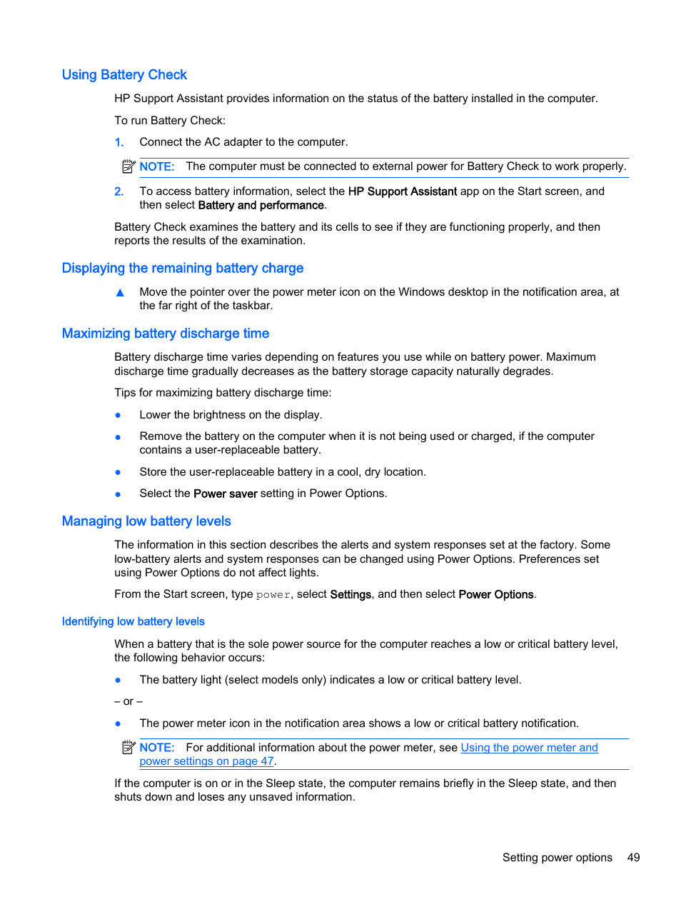 Using battery check, Displaying the remaining battery charge, Maximizing battery discharge time | Managing low battery levels, Identifying low battery levels | HP ProBook 440 G2 Notebook PC User Manual | Page 59 / 109