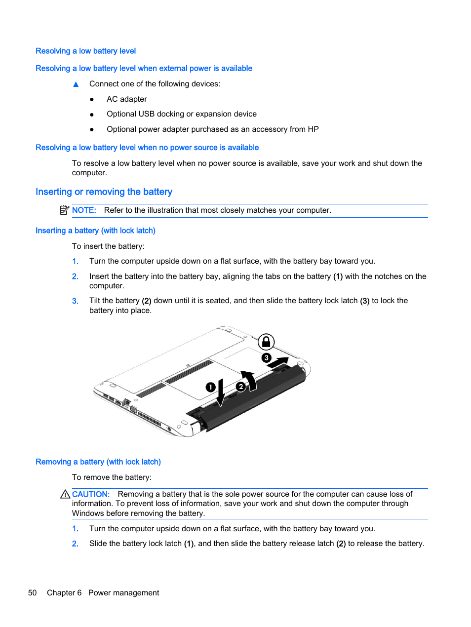 Resolving a low battery level, Inserting or removing the battery, Inserting a battery (with lock latch) | Removing a battery (with lock latch) | HP ProBook 440 G2 Notebook PC User Manual | Page 60 / 109