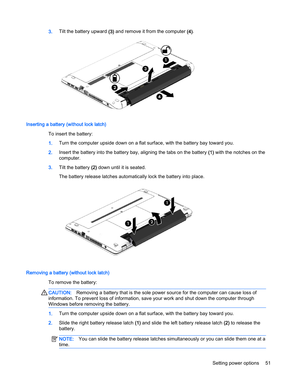 Inserting a battery (without lock latch), Removing a battery (without lock latch) | HP ProBook 440 G2 Notebook PC User Manual | Page 61 / 109