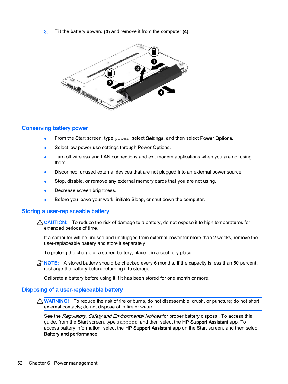 Conserving battery power, Storing a user-replaceable battery, Disposing of a user-replaceable battery | HP ProBook 440 G2 Notebook PC User Manual | Page 62 / 109