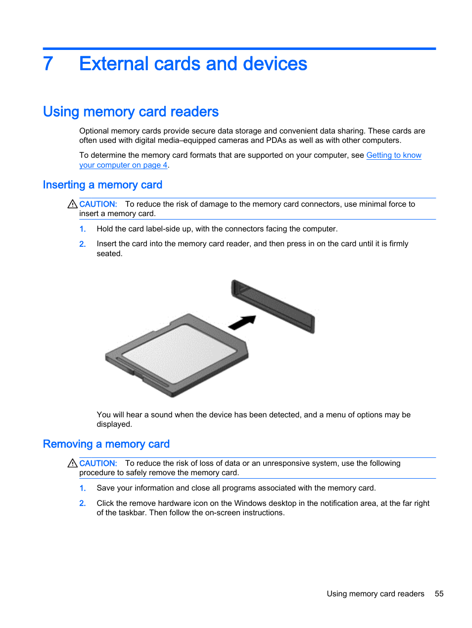 External cards and devices, Using memory card readers, Inserting a memory card | Removing a memory card, 7 external cards and devices, Inserting a memory card removing a memory card, 7external cards and devices | HP ProBook 440 G2 Notebook PC User Manual | Page 65 / 109