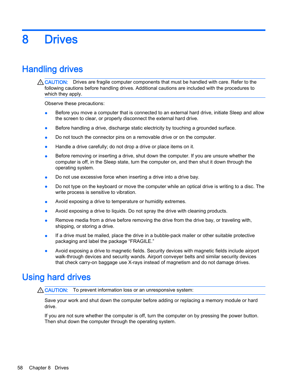 Drives, Handling drives, Using hard drives | 8 drives, Handling drives using hard drives, 8drives | HP ProBook 440 G2 Notebook PC User Manual | Page 68 / 109