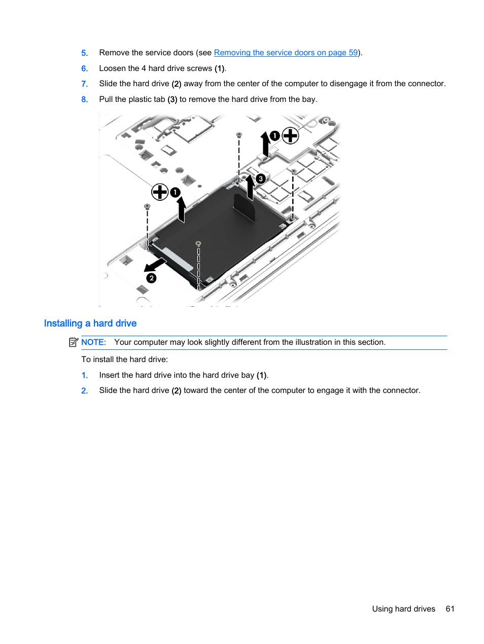 Installing a hard drive | HP ProBook 440 G2 Notebook PC User Manual | Page 71 / 109