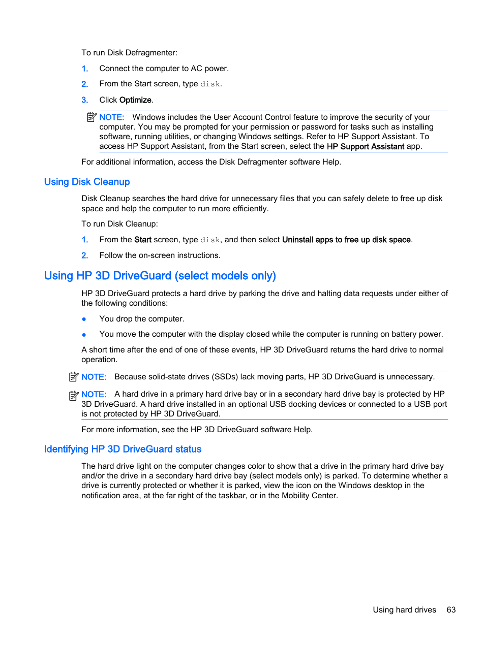 Using disk cleanup, Using hp 3d driveguard (select models only), Identifying hp 3d driveguard status | HP ProBook 440 G2 Notebook PC User Manual | Page 73 / 109