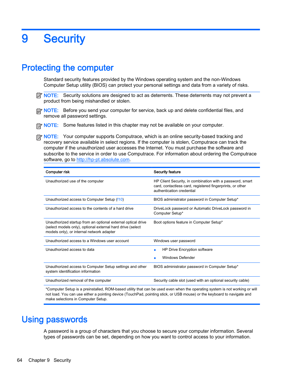 Security, Protecting the computer, Using passwords | 9 security, Protecting the computer using passwords, 9security | HP ProBook 440 G2 Notebook PC User Manual | Page 74 / 109