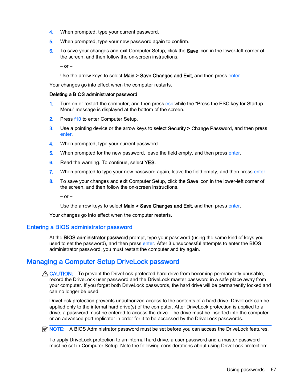 Entering a bios administrator password, Managing a computer setup drivelock password | HP ProBook 440 G2 Notebook PC User Manual | Page 77 / 109