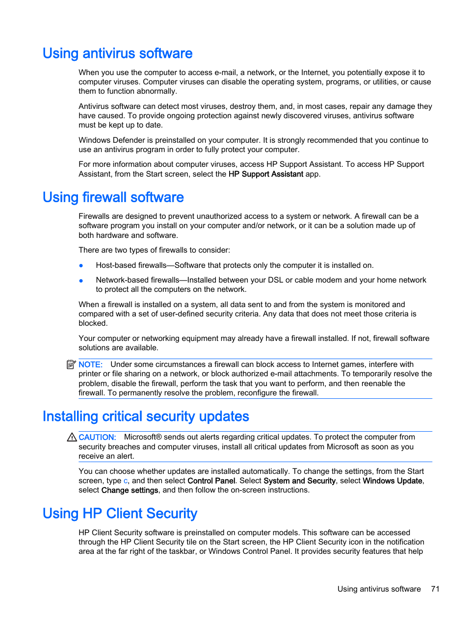 Using antivirus software, Using firewall software, Installing critical security updates | Using hp client security | HP ProBook 440 G2 Notebook PC User Manual | Page 81 / 109