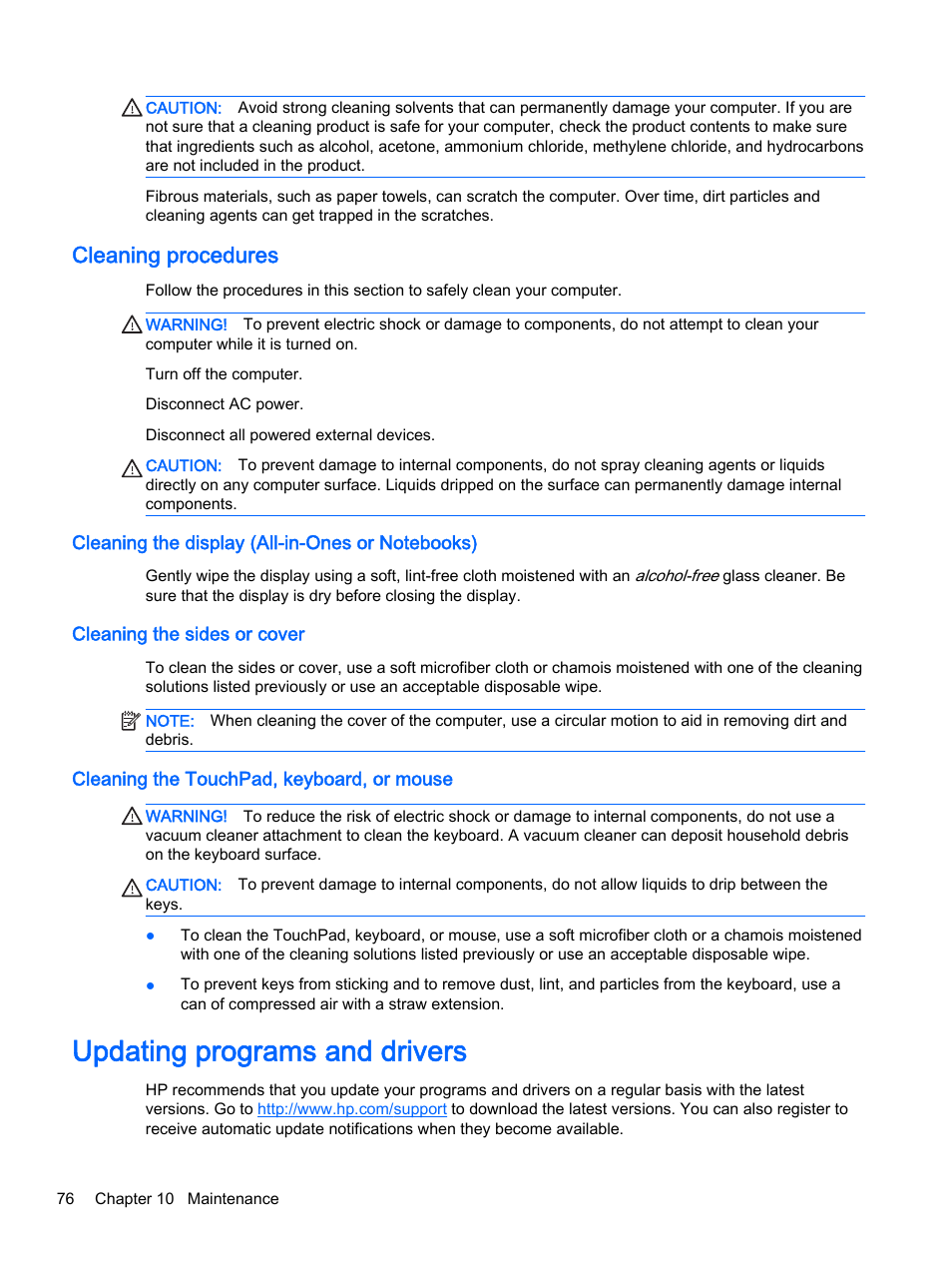 Cleaning procedures, Cleaning the display (all-in-ones or notebooks), Cleaning the sides or cover | Cleaning the touchpad, keyboard, or mouse, Updating programs and drivers | HP ProBook 440 G2 Notebook PC User Manual | Page 86 / 109