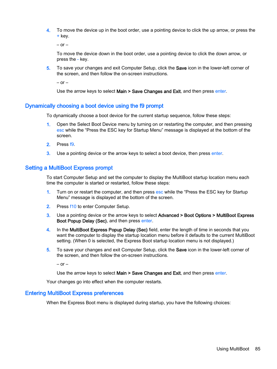 Setting a multiboot express prompt, Entering multiboot express preferences | HP ProBook 440 G2 Notebook PC User Manual | Page 95 / 109