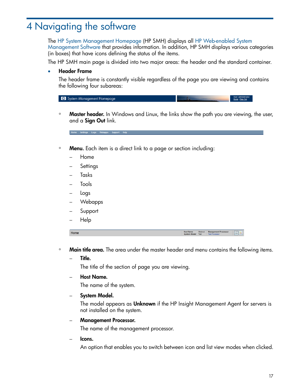 4 navigating the software | HP System Management Homepage-Software User Manual | Page 17 / 92