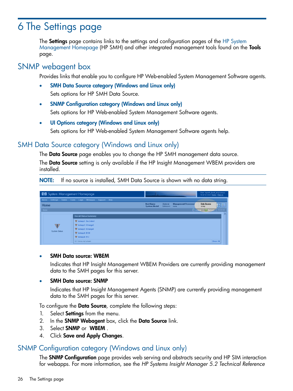 Snmp webagent box, Smh data source category (windows and linux only), 6 the settings page | HP System Management Homepage-Software User Manual | Page 26 / 92