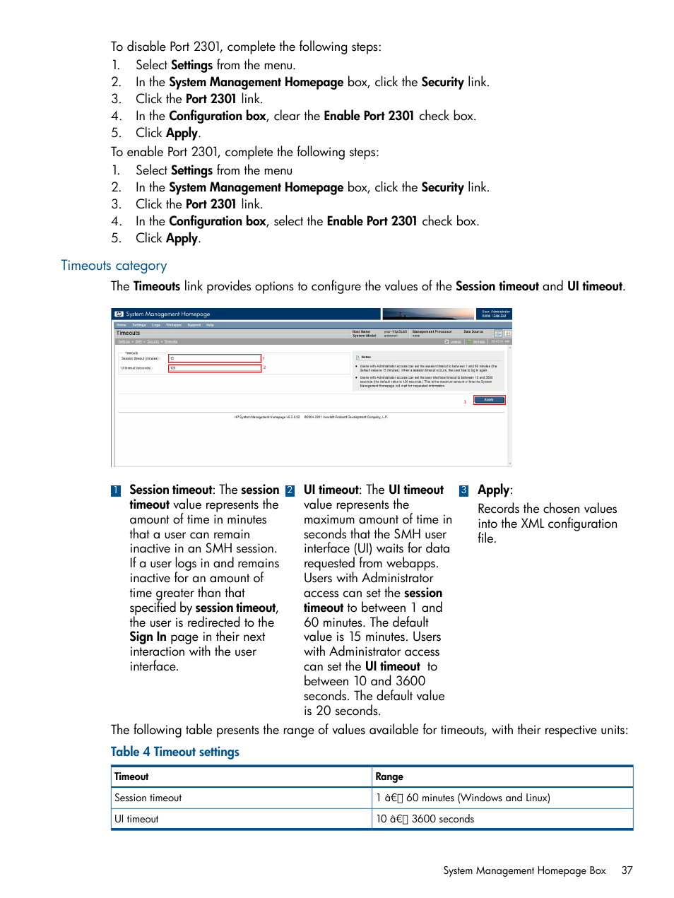 Timeouts category | HP System Management Homepage-Software User Manual | Page 37 / 92