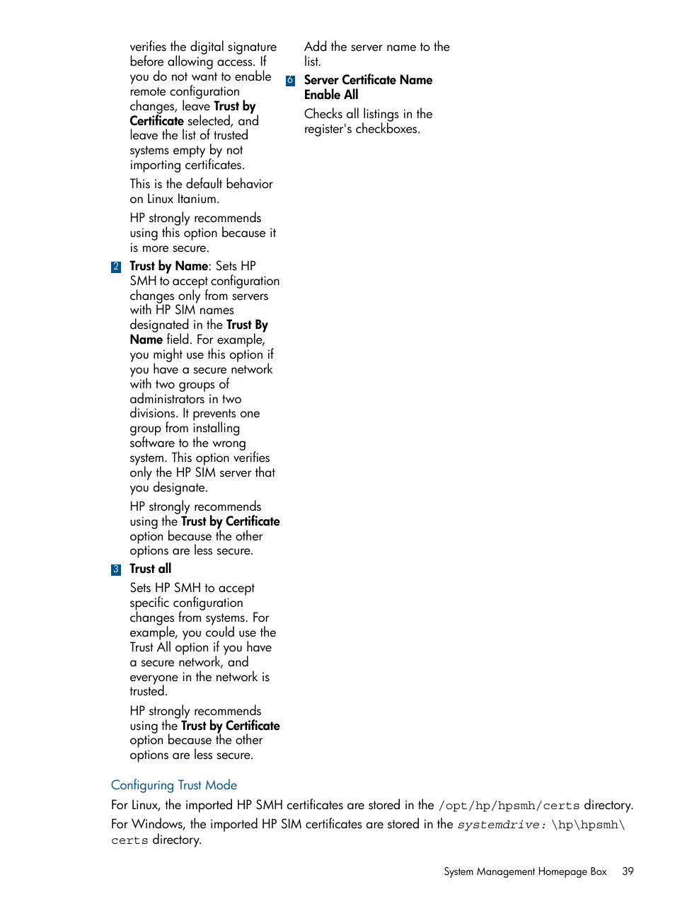 Configuring trust mode | HP System Management Homepage-Software User Manual | Page 39 / 92