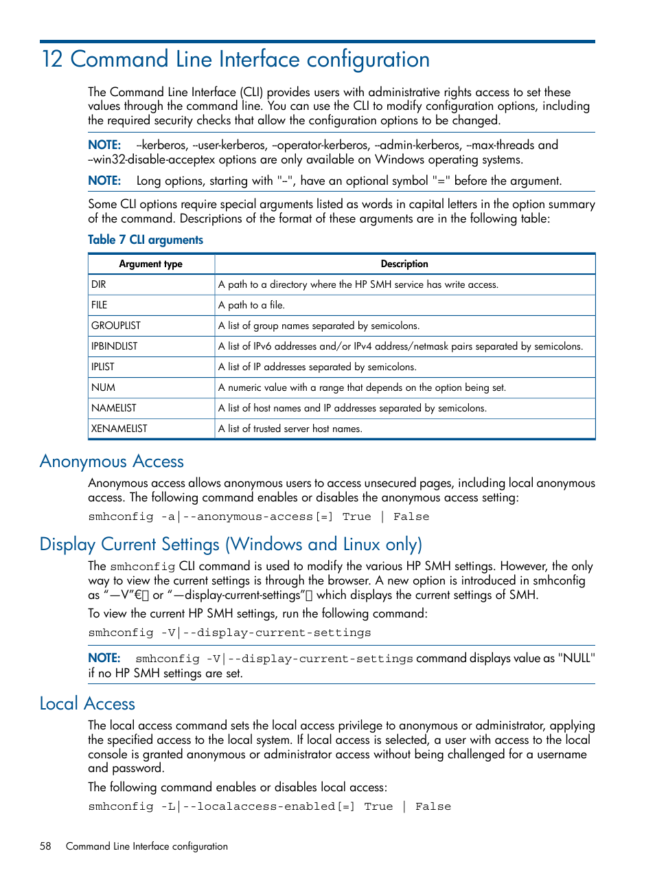 12 command line interface configuration, Anonymous access, Display current settings (windows and linux only) | Local access | HP System Management Homepage-Software User Manual | Page 58 / 92