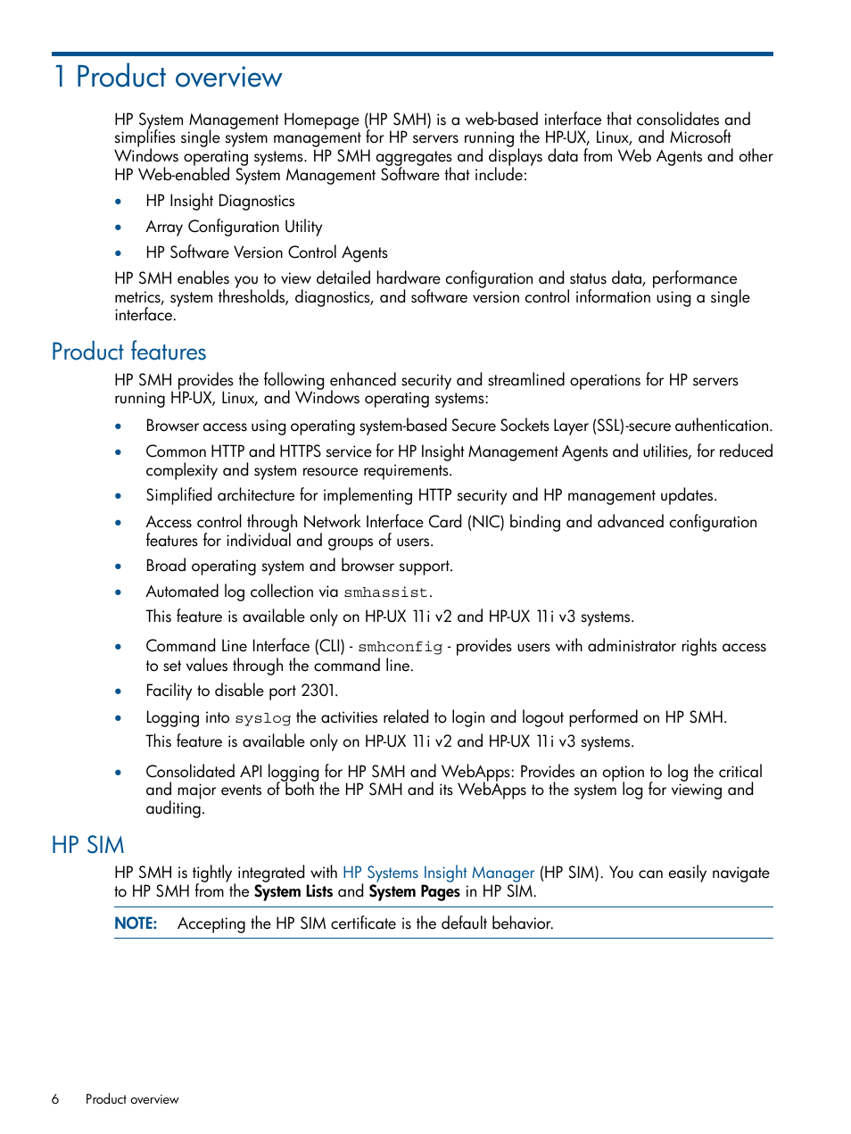 1 product overview, Product features, Hp sim | Product features hp sim | HP System Management Homepage-Software User Manual | Page 6 / 92