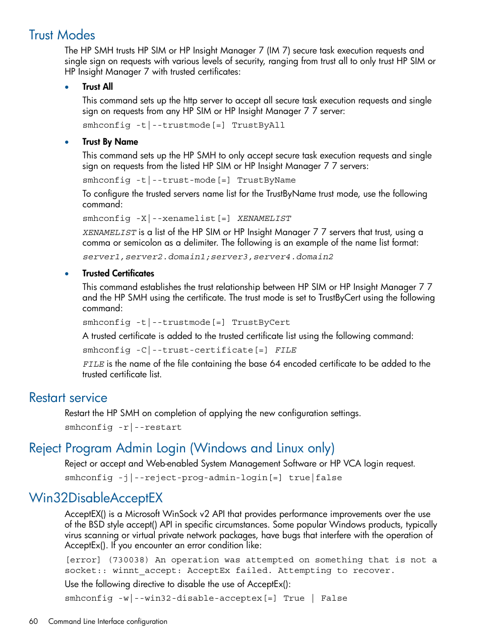 Trust modes, Restart service, Win32disableacceptex | HP System Management Homepage-Software User Manual | Page 60 / 92