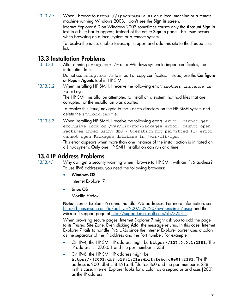 3 installation problems, 4 ip address problems | HP System Management Homepage-Software User Manual | Page 71 / 92