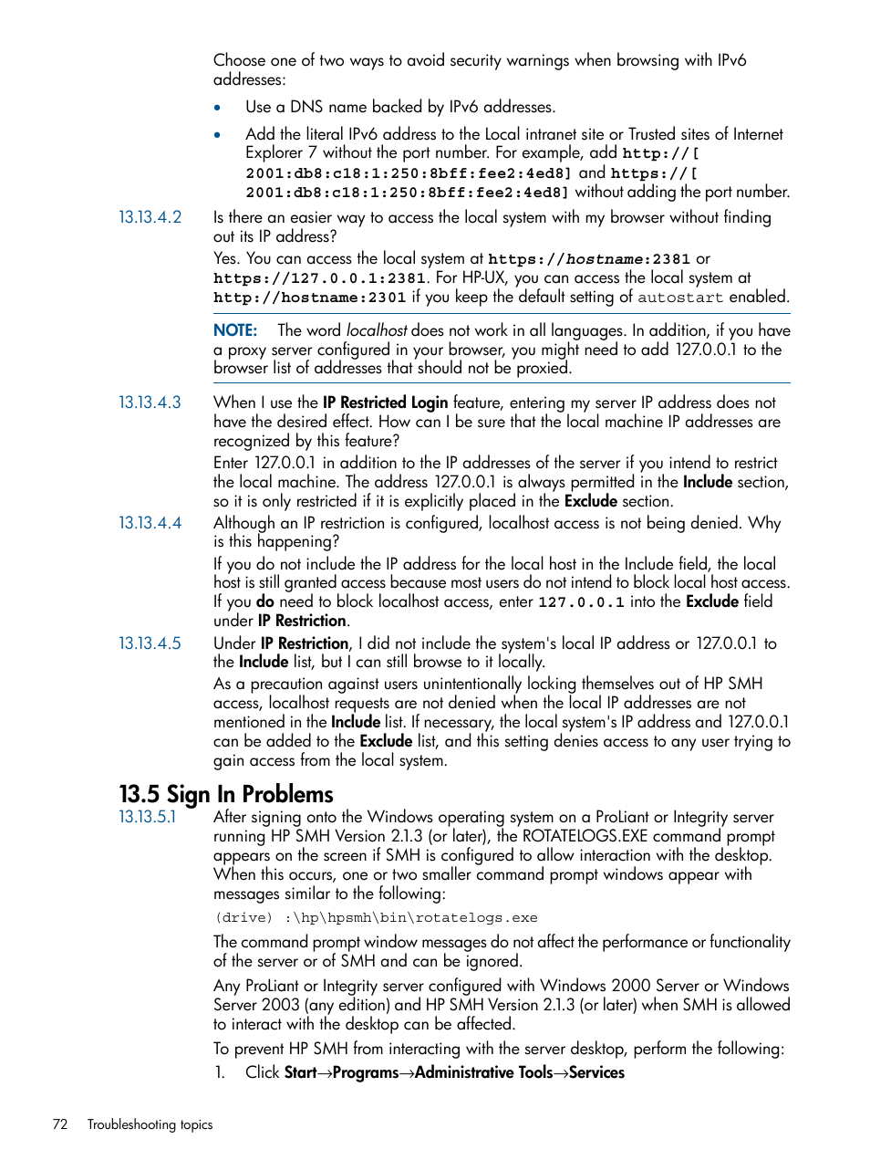 5 sign in problems | HP System Management Homepage-Software User Manual | Page 72 / 92