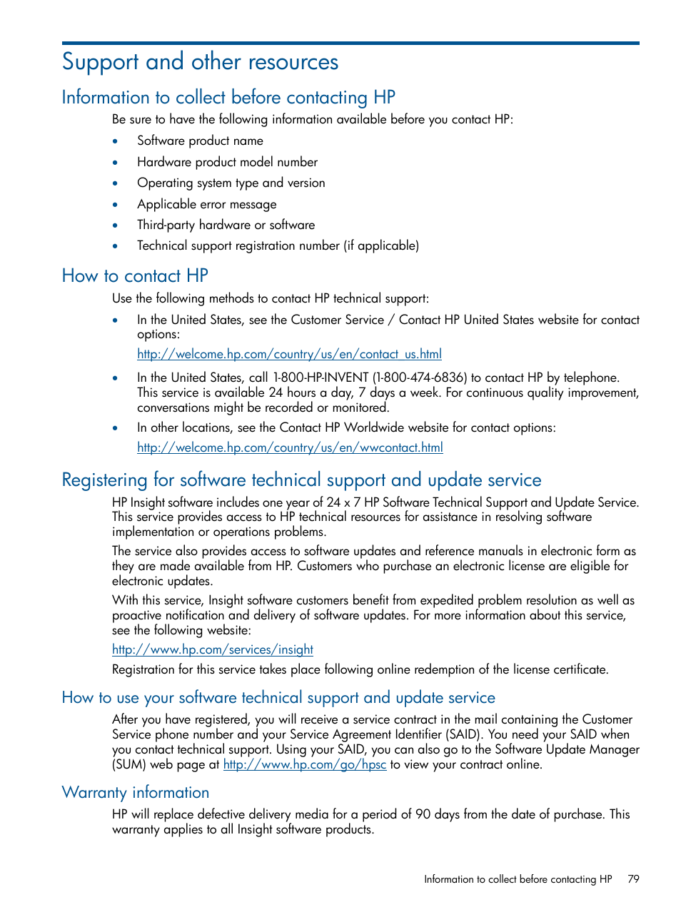 Support and other resources, Information to collect before contacting hp, How to contact hp | Warranty information | HP System Management Homepage-Software User Manual | Page 79 / 92
