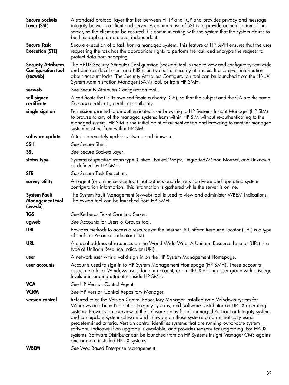 Single sign-on (sso), User | HP System Management Homepage-Software User Manual | Page 89 / 92