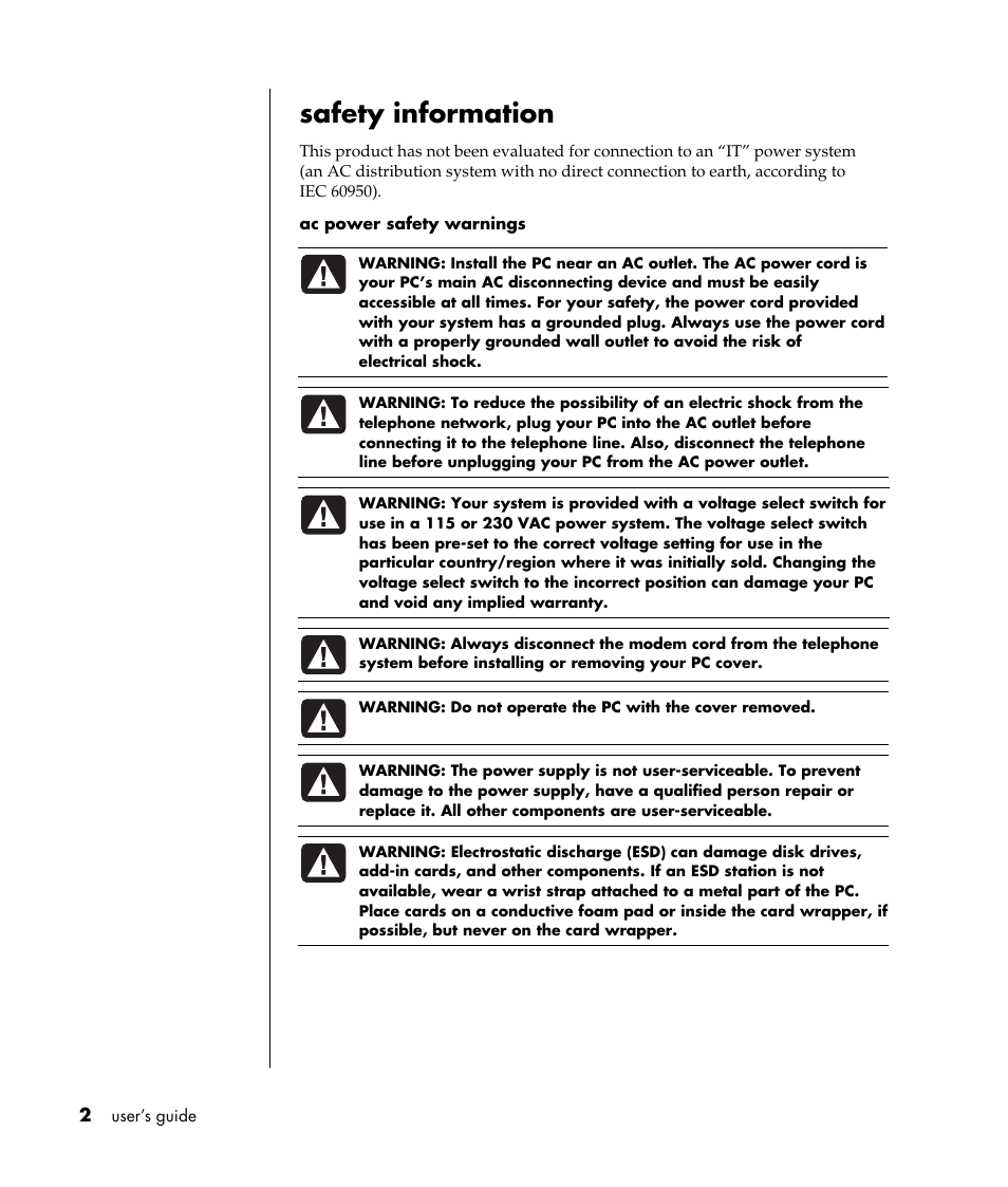 Safety information | HP Pavilion t338d Desktop PC User Manual | Page 10 / 168