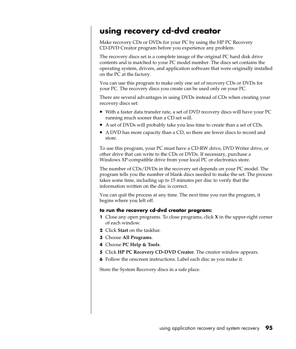 Using recovery cd-dvd creator | HP Pavilion t338d Desktop PC User Manual | Page 103 / 168