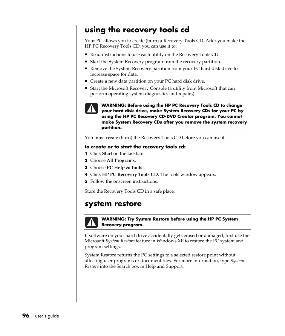 Using the recovery tools cd, System restore | HP Pavilion t338d Desktop PC User Manual | Page 104 / 168