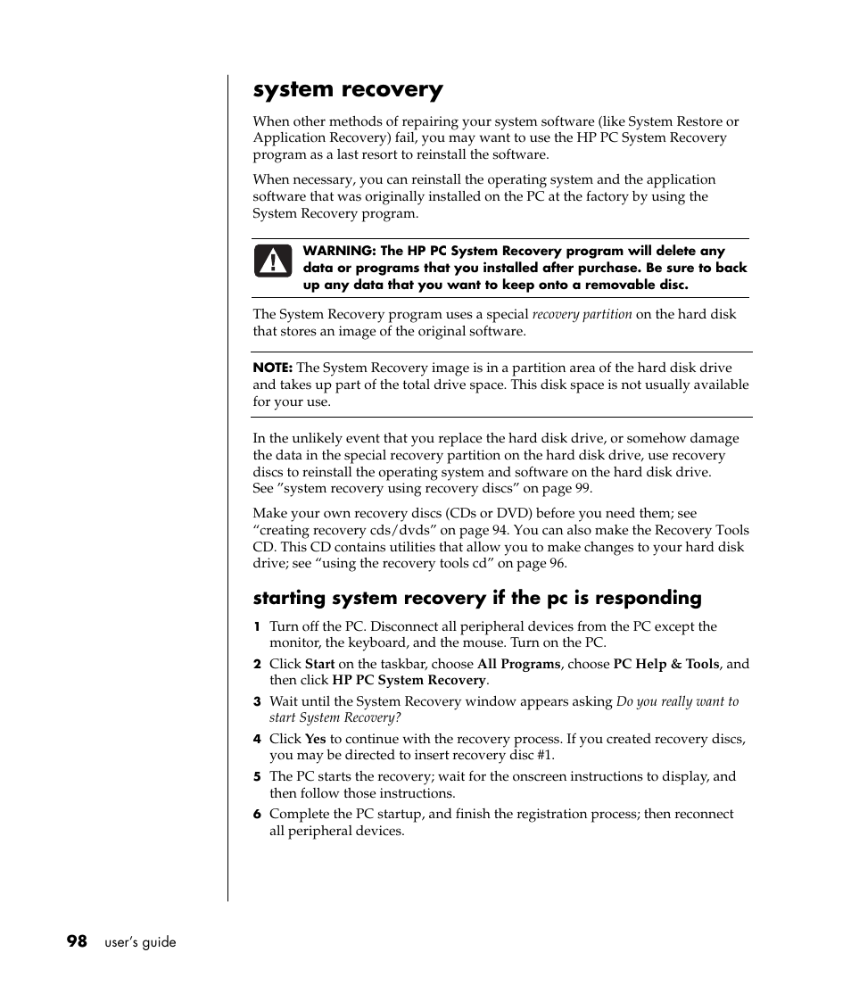 System recovery, Starting system recovery if the pc is responding | HP Pavilion t338d Desktop PC User Manual | Page 106 / 168