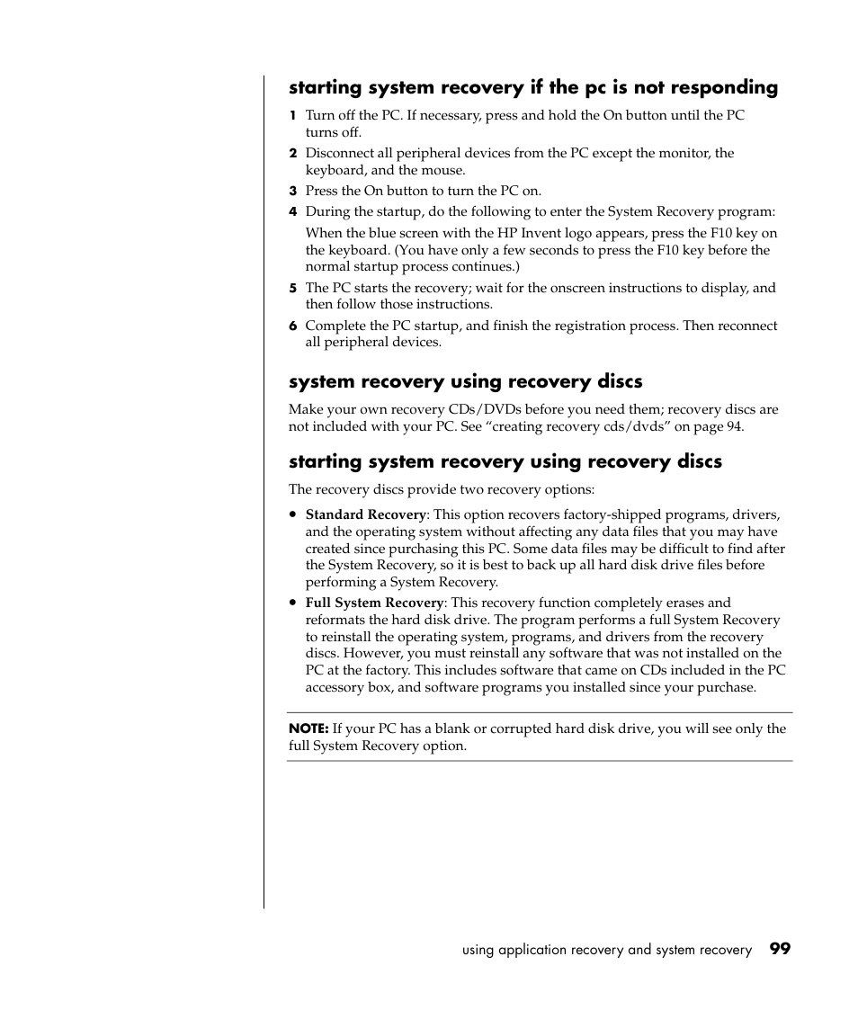 System recovery using recovery discs, Starting system recovery using recovery discs | HP Pavilion t338d Desktop PC User Manual | Page 107 / 168