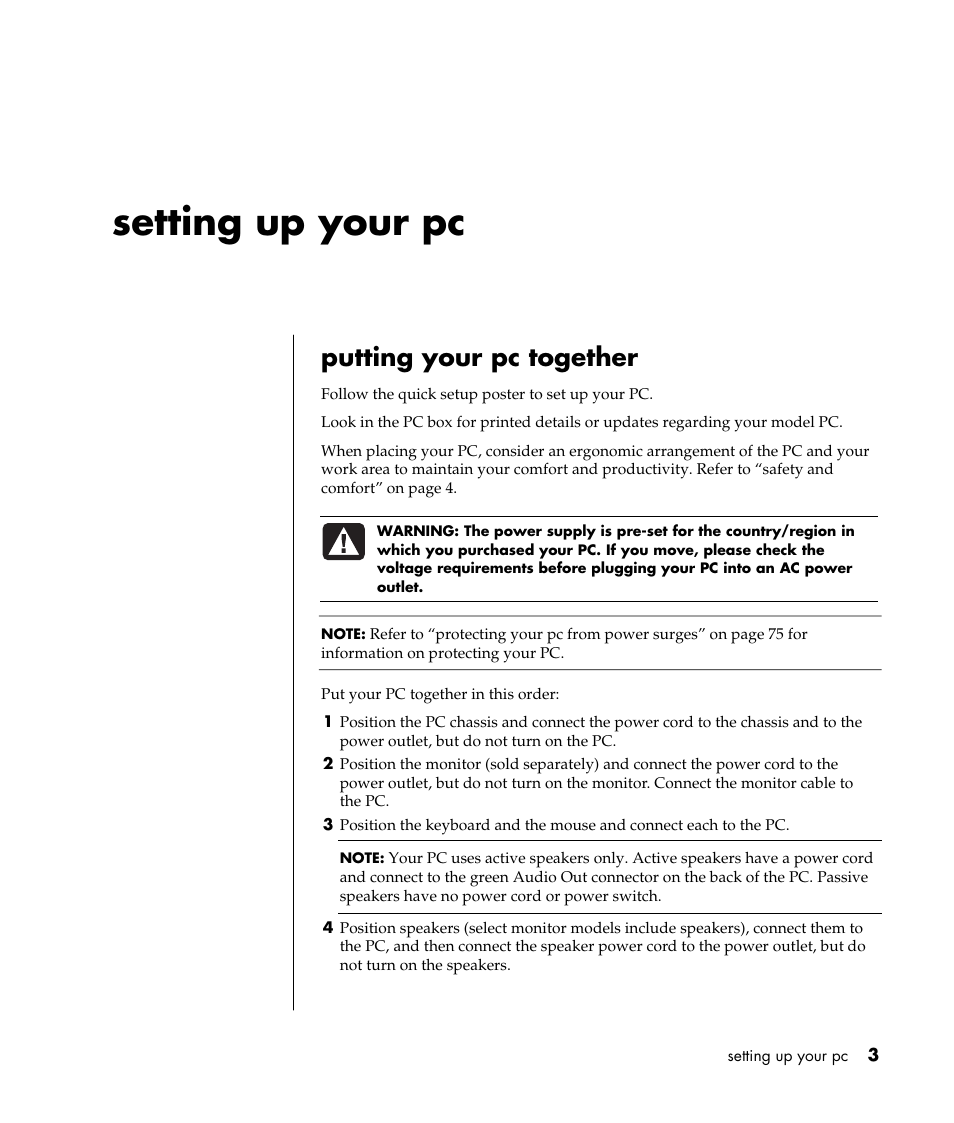 Setting up your pc, Putting your pc together | HP Pavilion t338d Desktop PC User Manual | Page 11 / 168