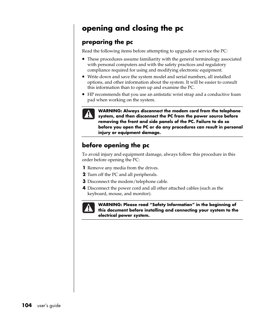 Opening and closing the pc, Preparing the pc, Before opening the pc | HP Pavilion t338d Desktop PC User Manual | Page 112 / 168