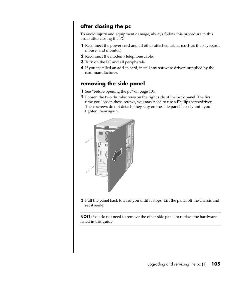 After closing the pc, Removing the side panel | HP Pavilion t338d Desktop PC User Manual | Page 113 / 168