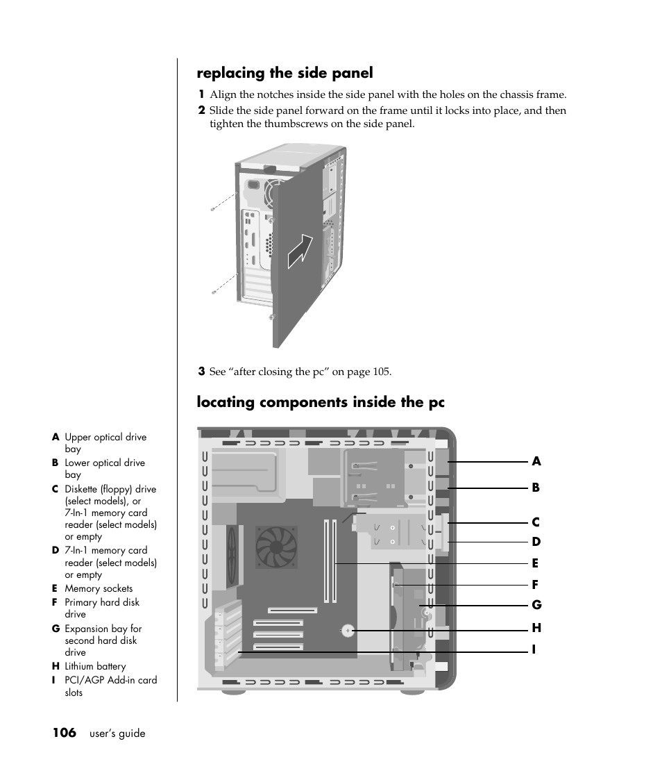 Replacing the side panel, Locating components inside the pc | HP Pavilion t338d Desktop PC User Manual | Page 114 / 168