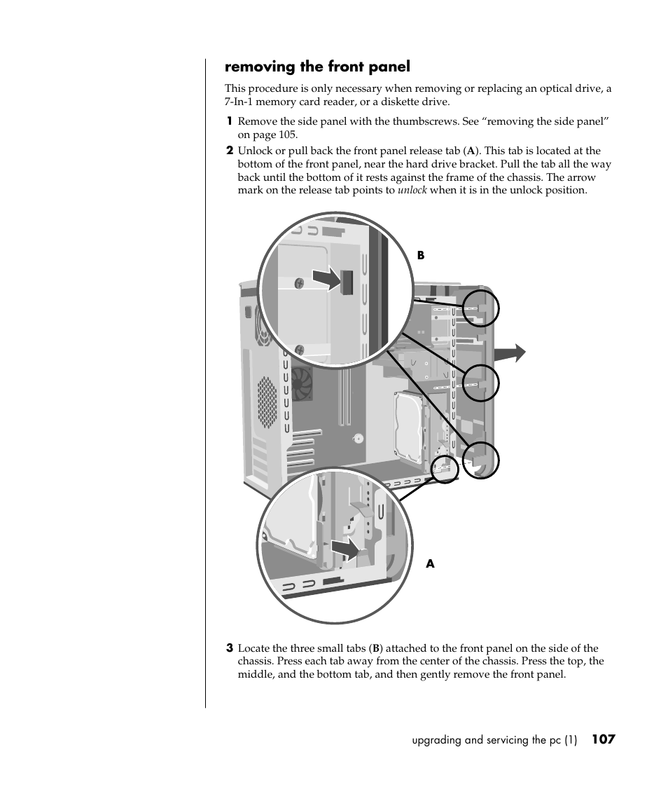 Removing the front panel | HP Pavilion t338d Desktop PC User Manual | Page 115 / 168