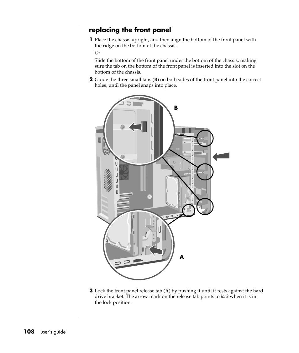 Replacing the front panel | HP Pavilion t338d Desktop PC User Manual | Page 116 / 168