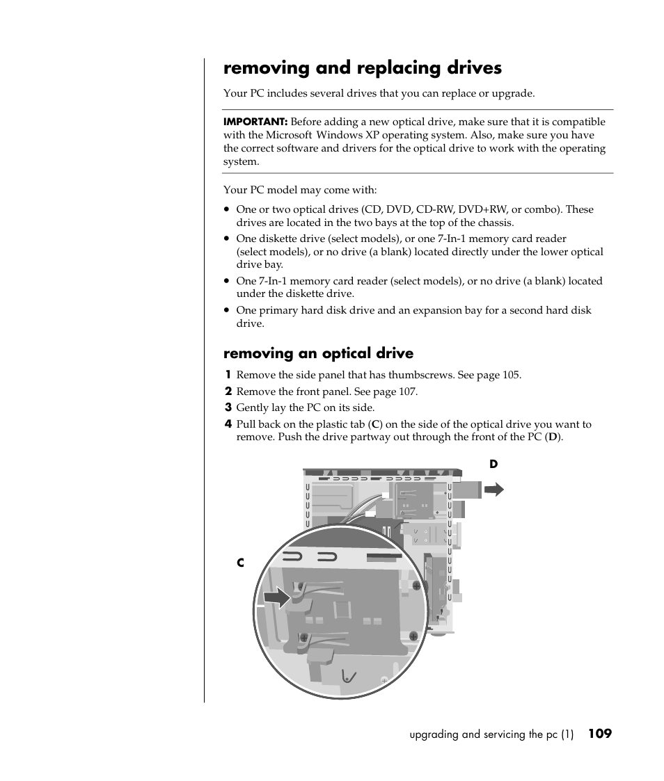 Removing and replacing drives, Removing an optical drive | HP Pavilion t338d Desktop PC User Manual | Page 117 / 168