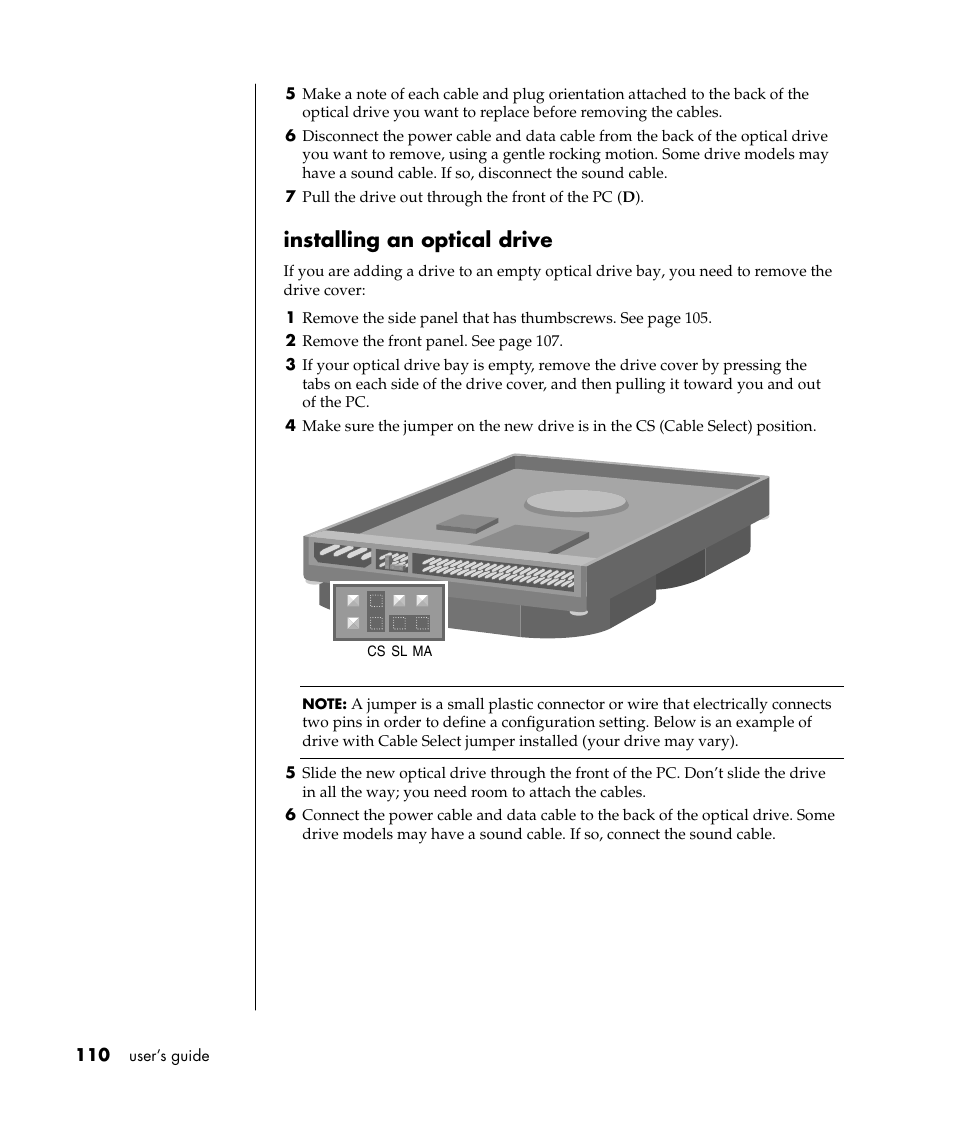 Installing an optical drive | HP Pavilion t338d Desktop PC User Manual | Page 118 / 168