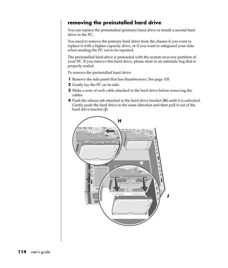 Removing the preinstalled hard drive | HP Pavilion t338d Desktop PC User Manual | Page 122 / 168