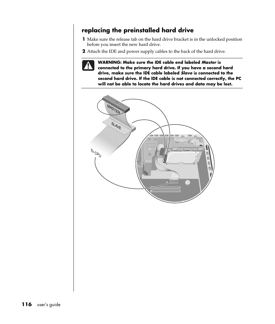 Replacing the preinstalled hard drive | HP Pavilion t338d Desktop PC User Manual | Page 124 / 168