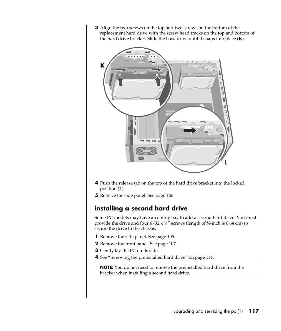 Installing a second hard drive | HP Pavilion t338d Desktop PC User Manual | Page 125 / 168