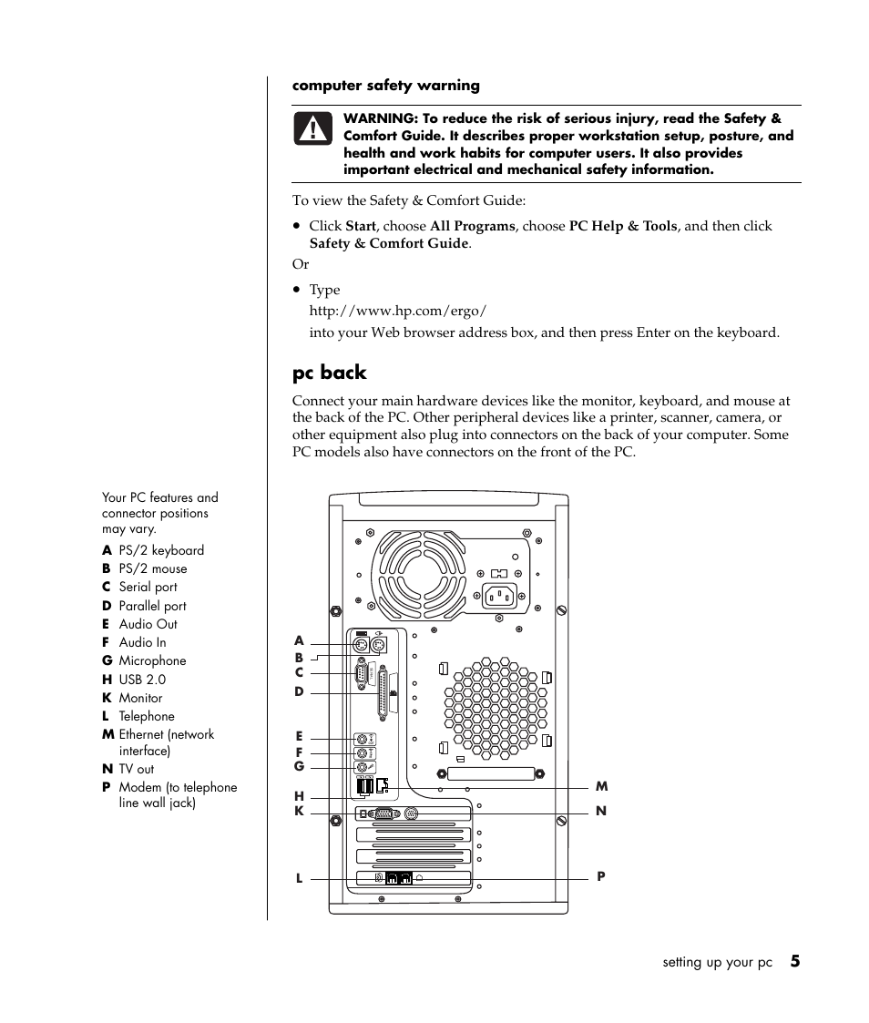 Pc back | HP Pavilion t338d Desktop PC User Manual | Page 13 / 168