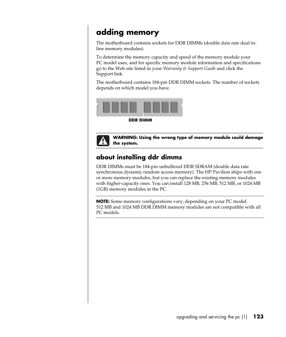 About installing ddr dimms | HP Pavilion t338d Desktop PC User Manual | Page 131 / 168