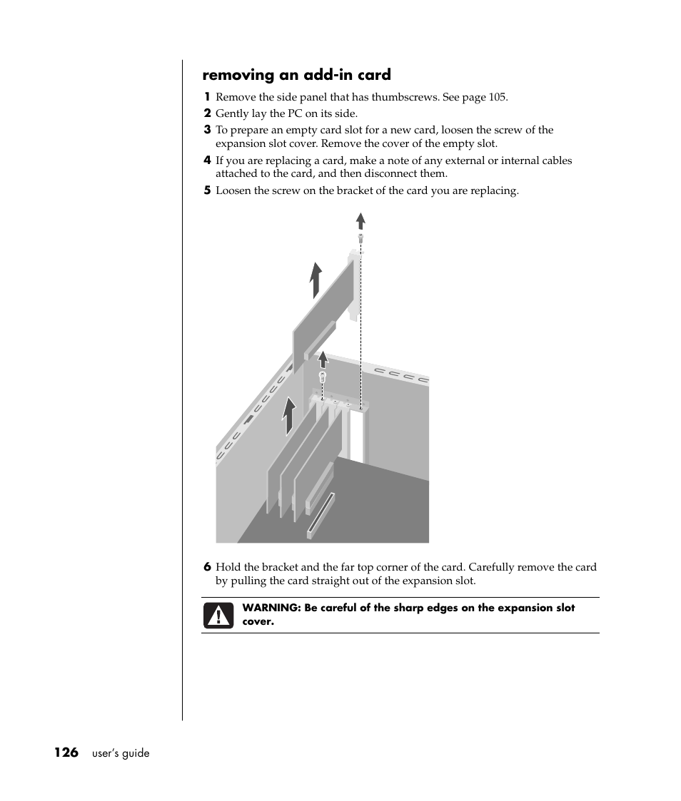 Removing an add-in card | HP Pavilion t338d Desktop PC User Manual | Page 134 / 168