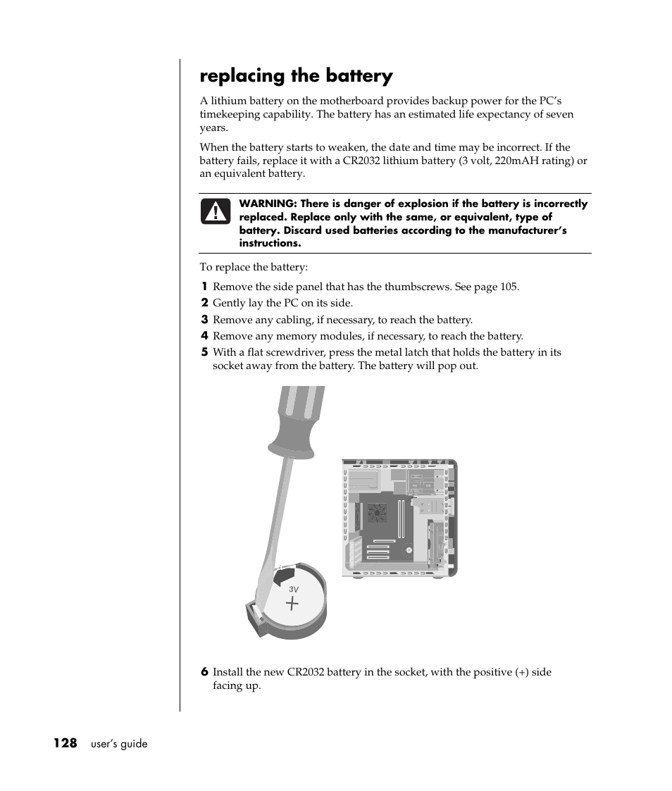 Replacing the battery | HP Pavilion t338d Desktop PC User Manual | Page 136 / 168