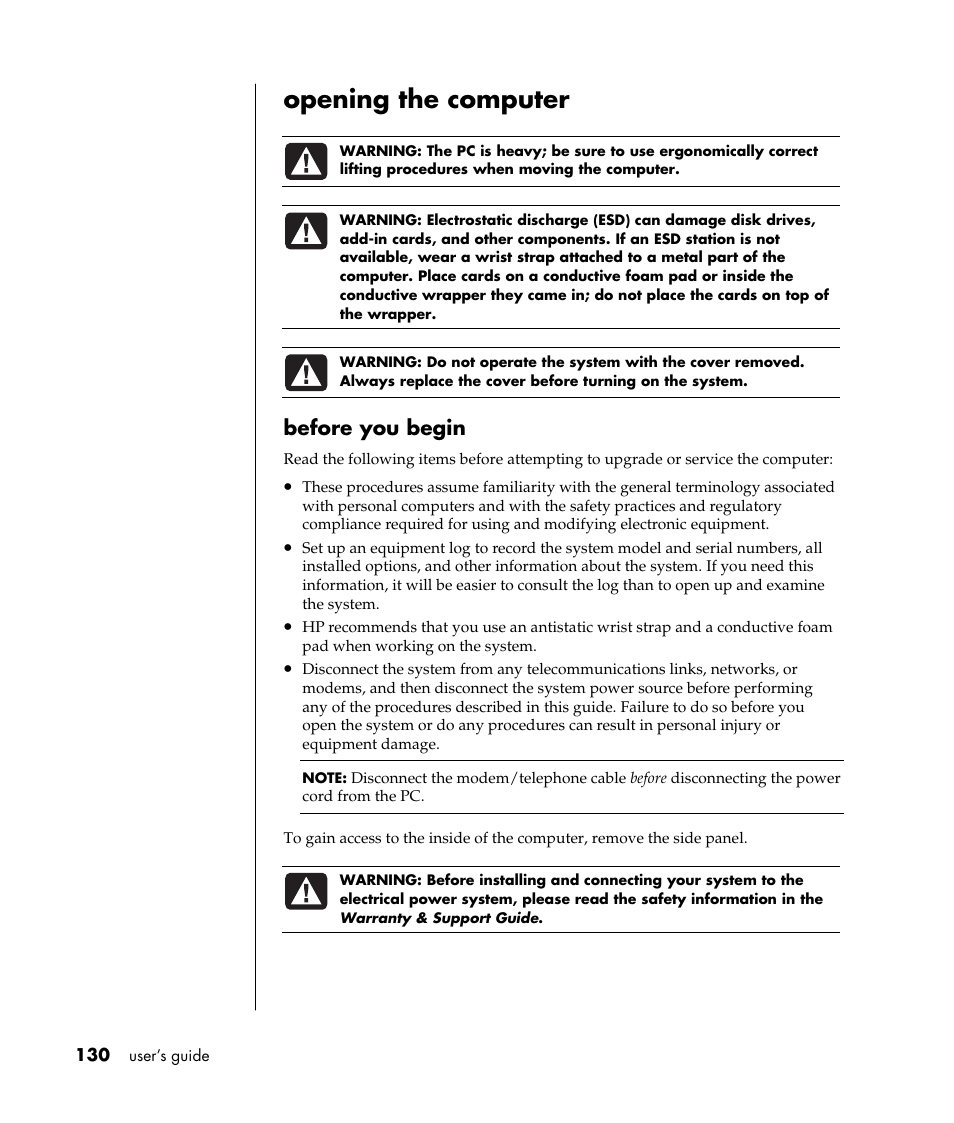 Opening the computer, Before you begin | HP Pavilion t338d Desktop PC User Manual | Page 138 / 168