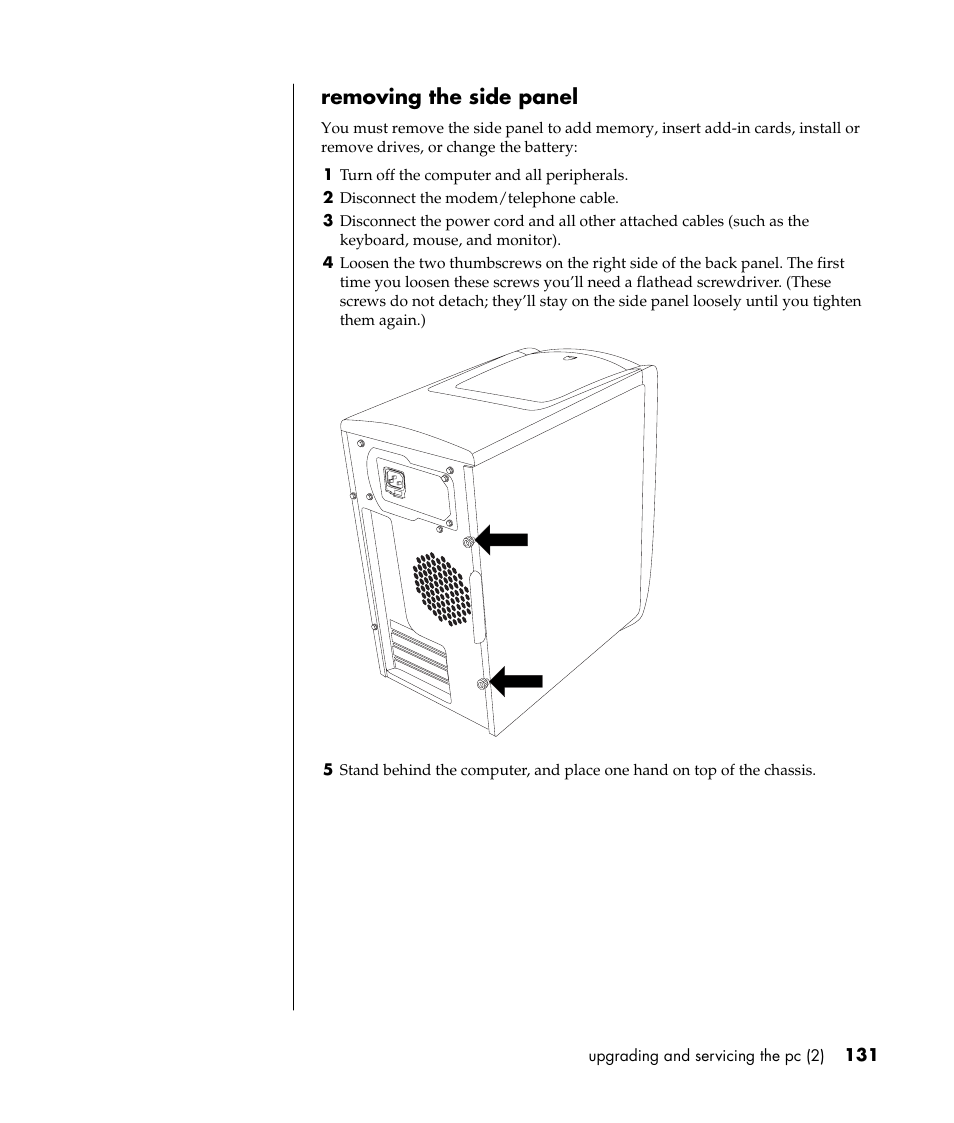 Removing the side panel | HP Pavilion t338d Desktop PC User Manual | Page 139 / 168