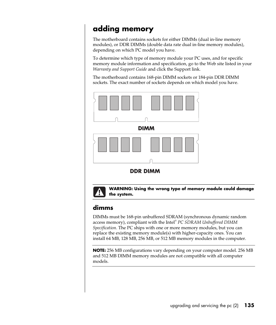 Dimms | HP Pavilion t338d Desktop PC User Manual | Page 143 / 168