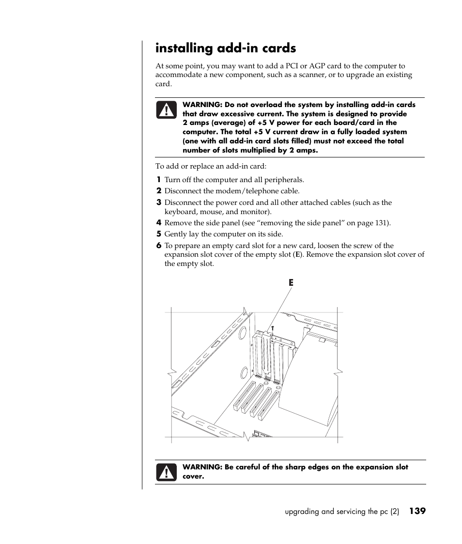 Installing add-in cards | HP Pavilion t338d Desktop PC User Manual | Page 147 / 168