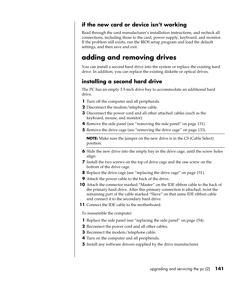 Adding and removing drives, If the new card or device isn’t working, Installing a second hard drive | HP Pavilion t338d Desktop PC User Manual | Page 149 / 168