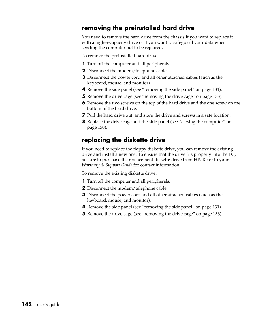 Removing the preinstalled hard drive, Replacing the diskette drive | HP Pavilion t338d Desktop PC User Manual | Page 150 / 168